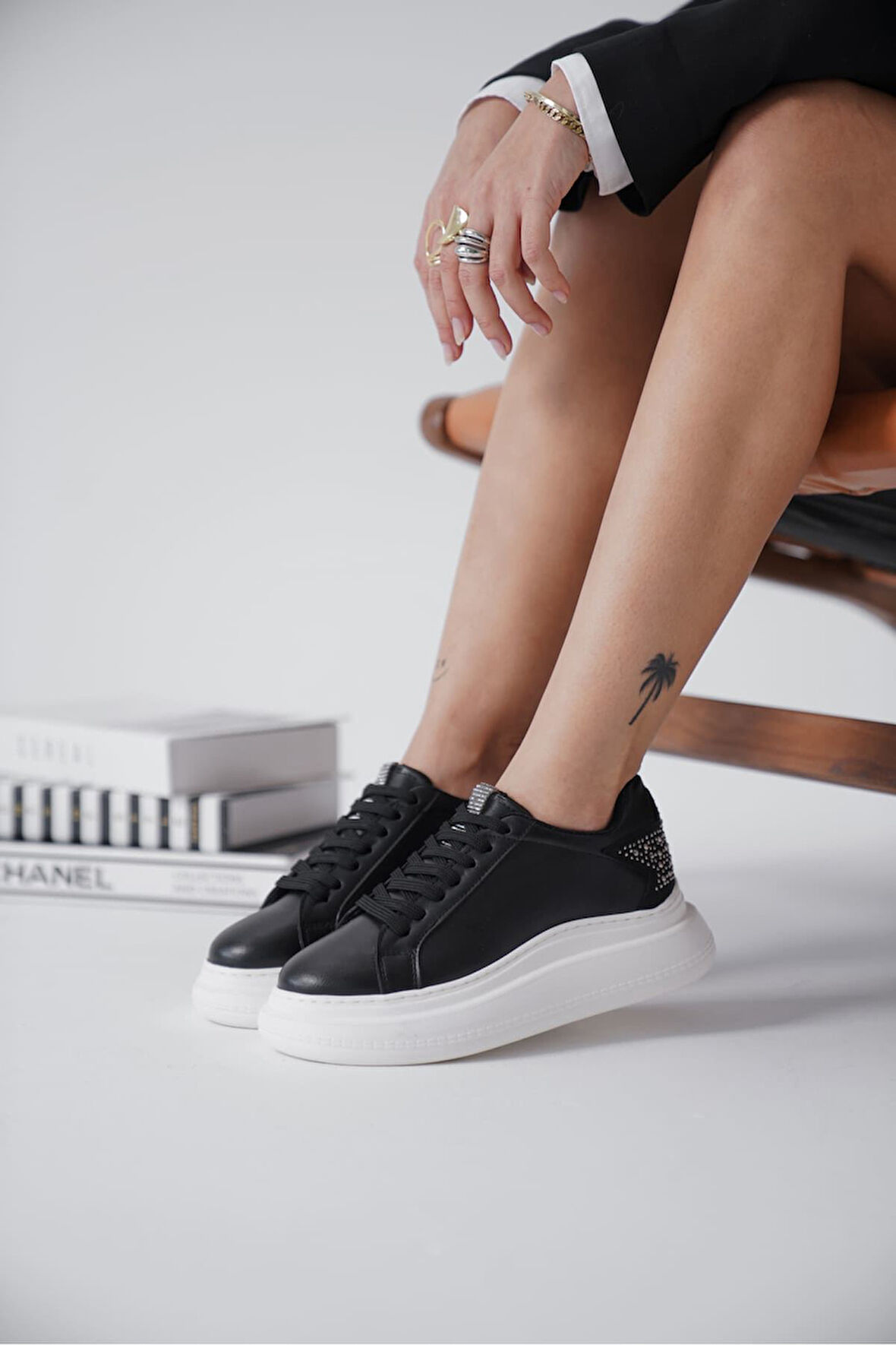 Grace Premium Arkası Taşlı Siyah Kadın Sneaker