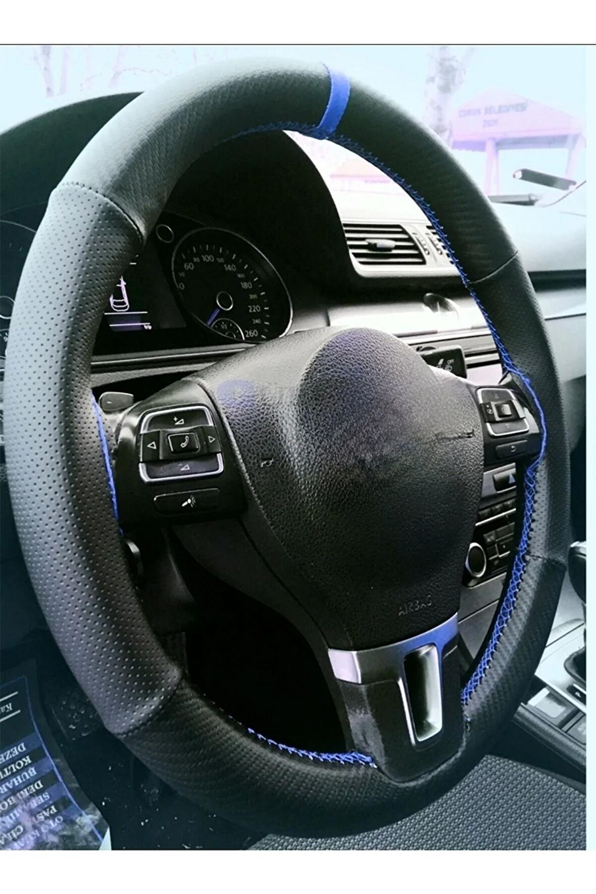 Universal Dikmeli Deri Sarmalı Dikişli Dikme Noktalı Karbon Mavi Ipli Direksiyon Kılıfı