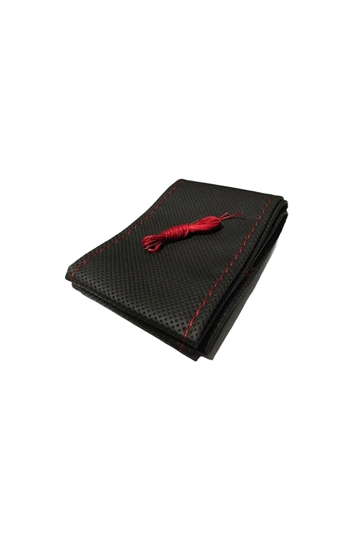 Universal Dikmeli Delikli Deri Direksiyon Kılıfı Noktalı Dikişli Kırmızı Ipli 38×10.cm