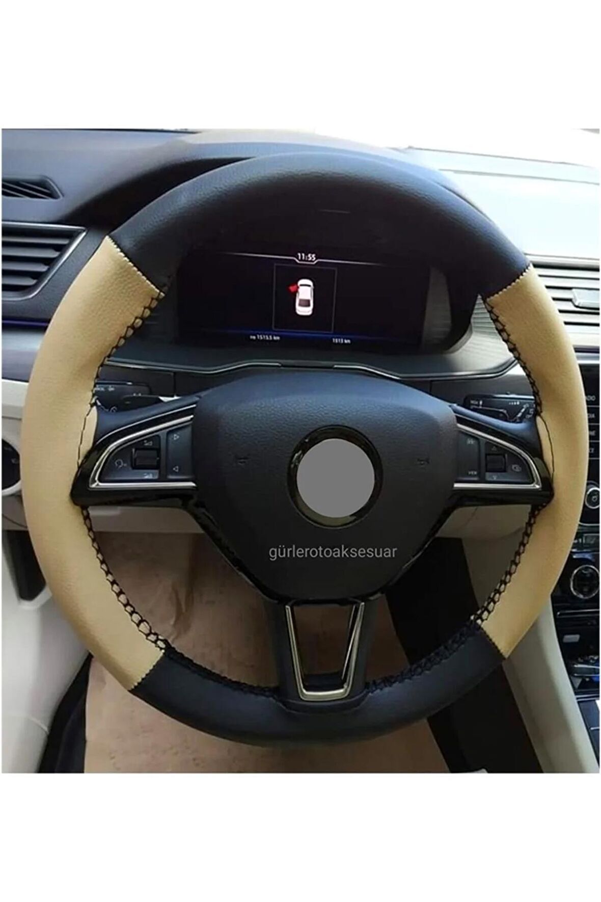 Skoda Octavia Uyumlu Direksiyon Kılıfı Dikmeli Iki Renkli Bej Siyah