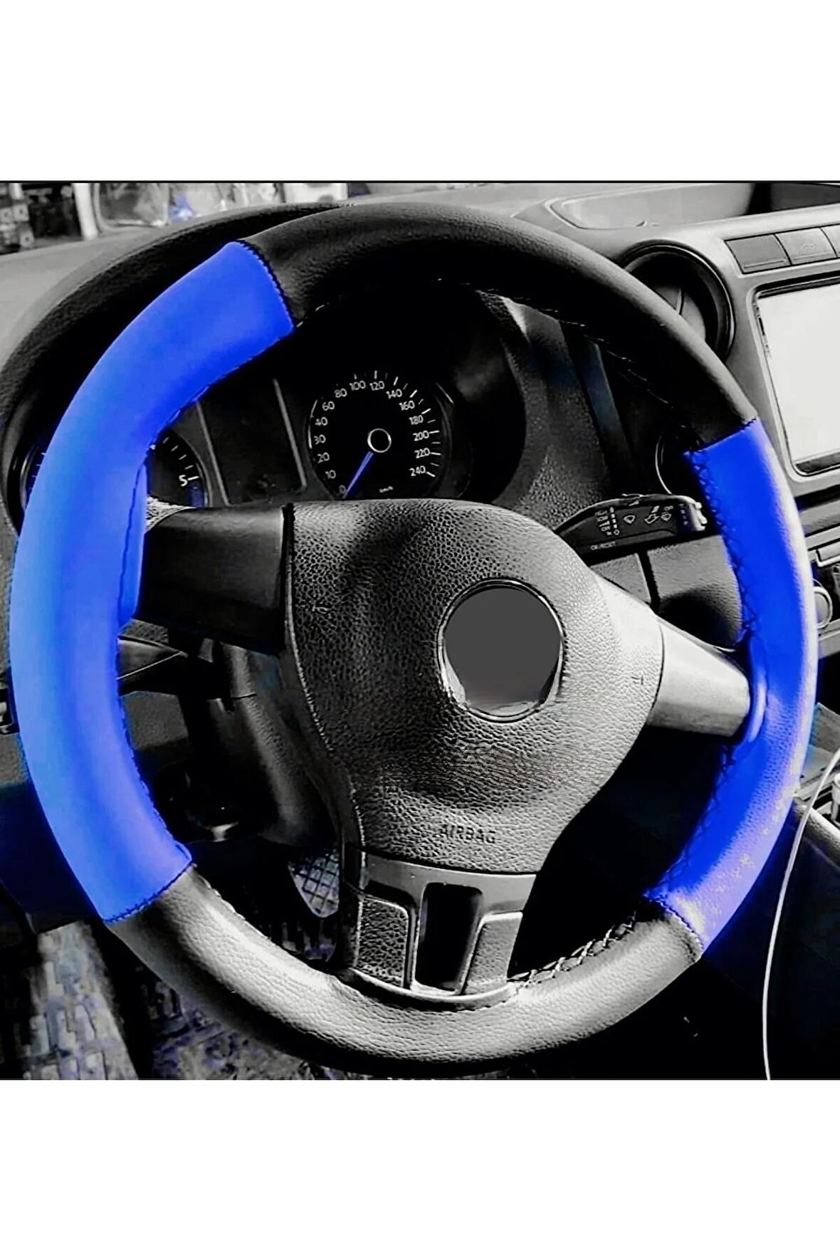 Universal Dikmeli Direksiyon Kılıfı Iki Renkli Mavi Siyah Soft Esnek Kokusuz Standart 38 Cm Uyumlu