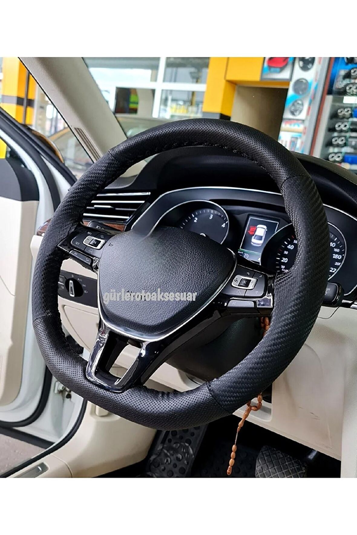 Vw Passat Polo 2017> Uyumlu Karbon Direksiyon Kılıfı Dikmeli Noktalı Karbon Siyah