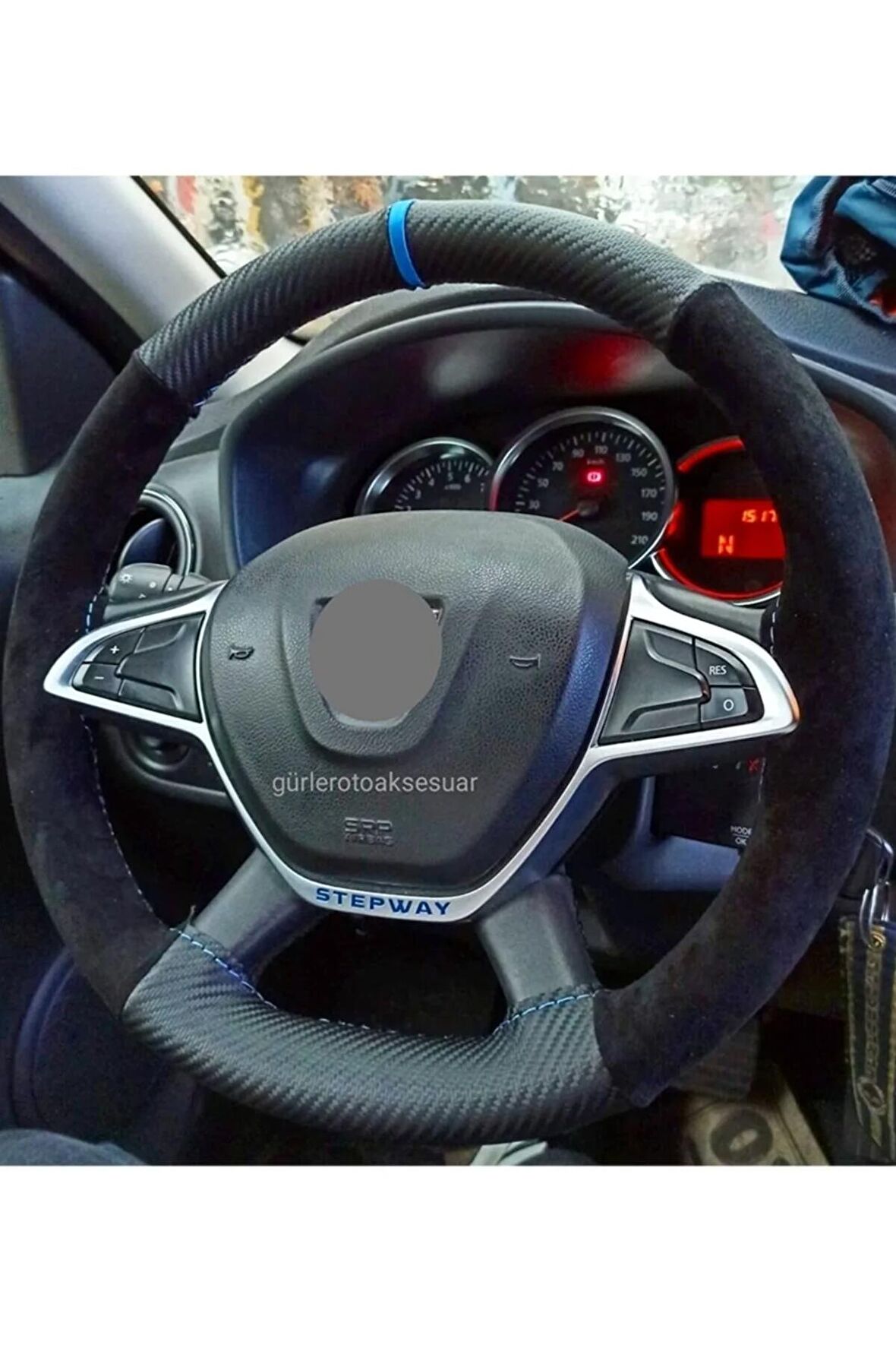 Dacia Duster Uyumlu Direksiyon Kılıfı Alkantra-karbon Mavi Yüzüklü