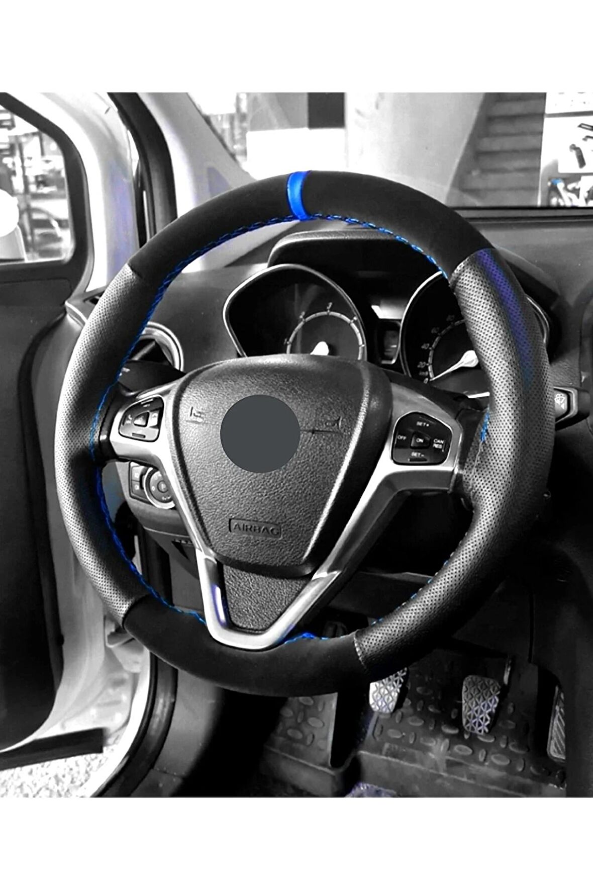 Fiat Punto Uyumlu Dikmeli Direksiyon Kılıfı Alkantara Delikli Mavi Yüzüklü