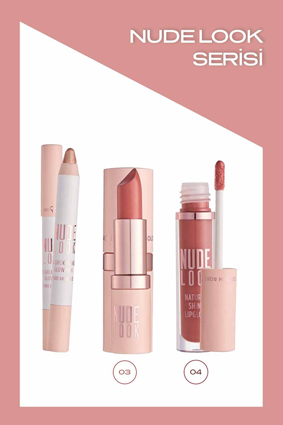 Nude Look 3'lü Makyaj Seti - Ruj - Lipgloss - Aydınlatıcı Kalem
