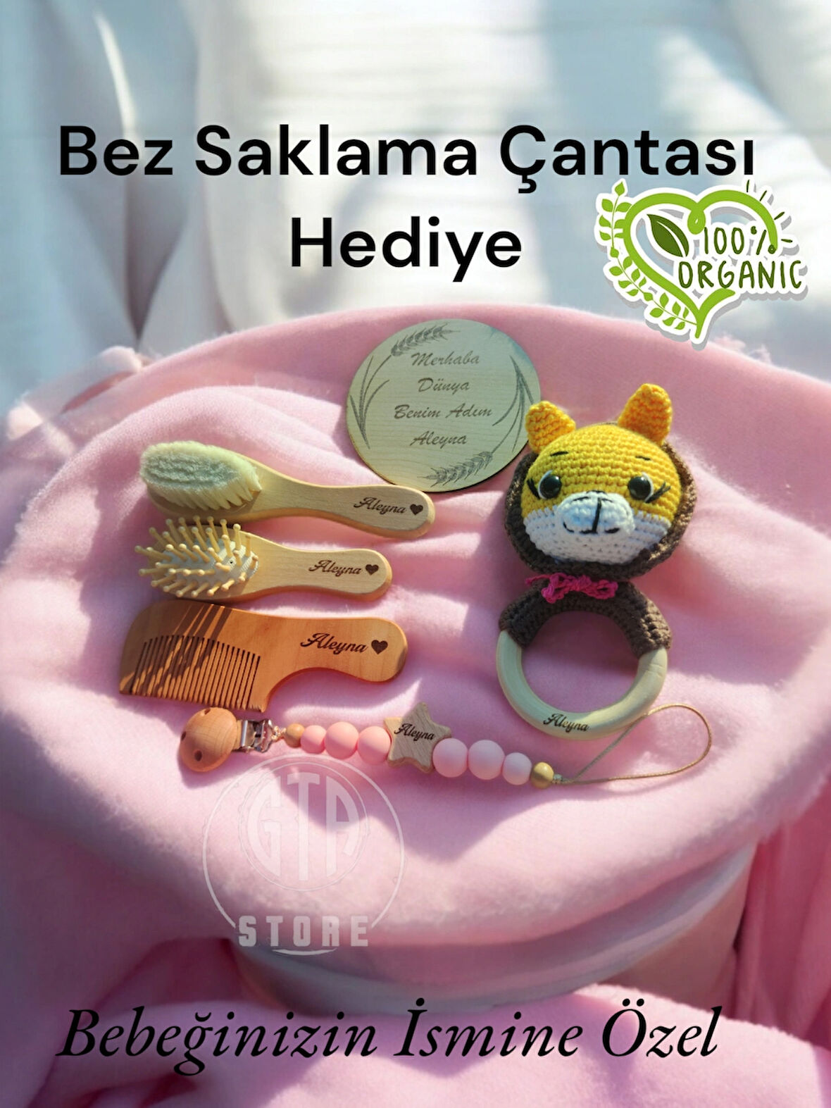 İsme Özel %100 Keçi Kılı Fırça,Bambu Masaj Tarağı,Şimşir Tarak,Emzik Zinciri,Amigurumi,Müslin Battaniye Bebek Seti