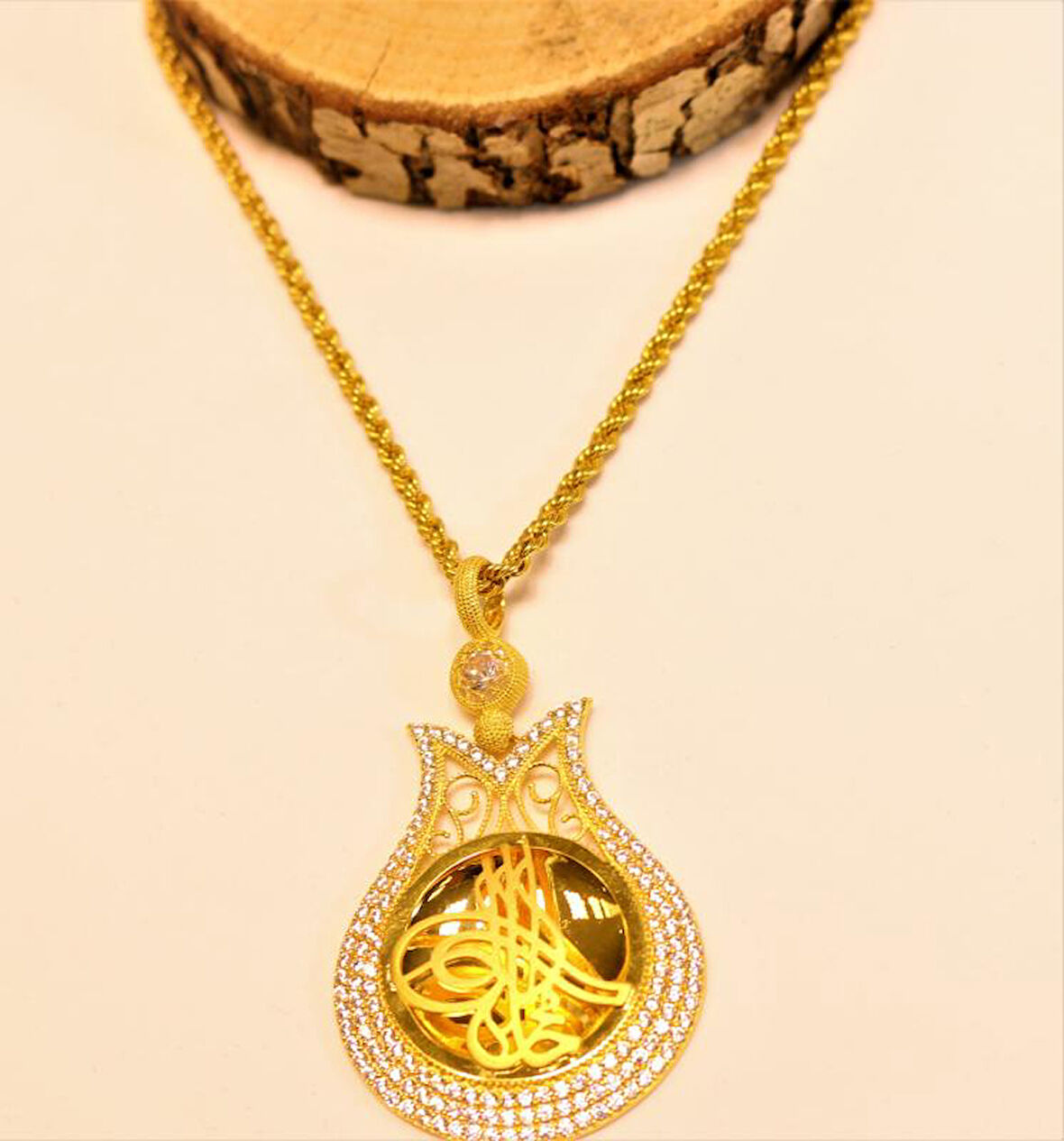 Altın Lale Tuğralı Kolye  Ucu ve Halat Zincir 3762