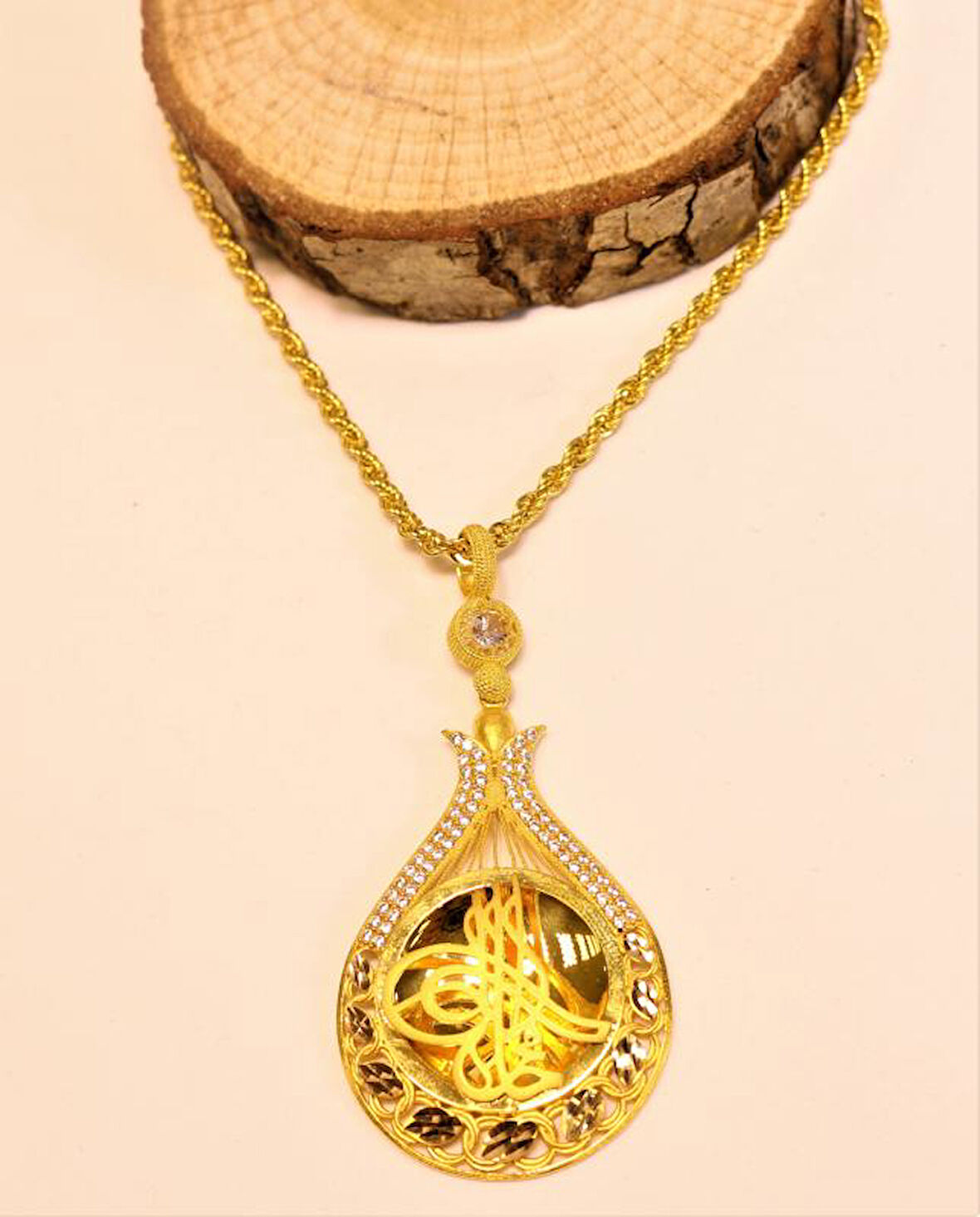 Altın Lale Tuğralı Kolye  Ucu ve Halat Zincir 3746