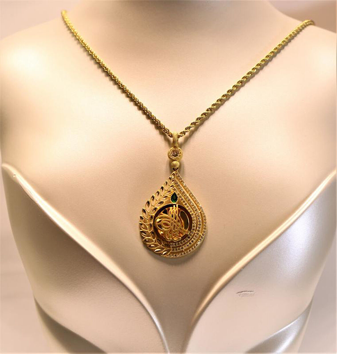 Altın Damla Tuğralı Kolye  Ucu ve Halat Zincir 3742