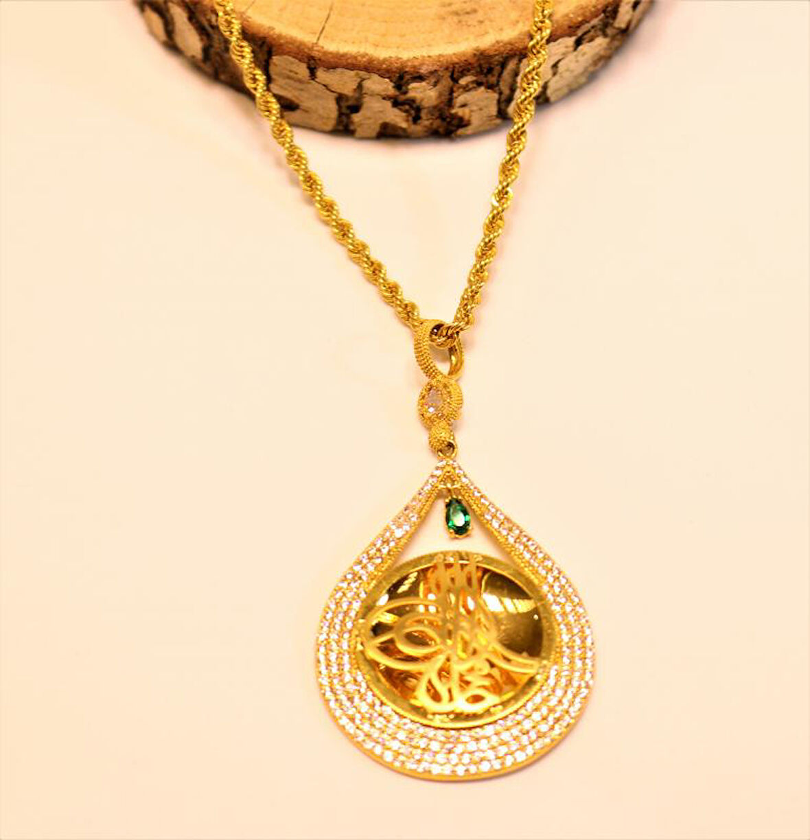 Altın Damla Tuğralı Kolye  Ucu ve Halat Zincir 3744