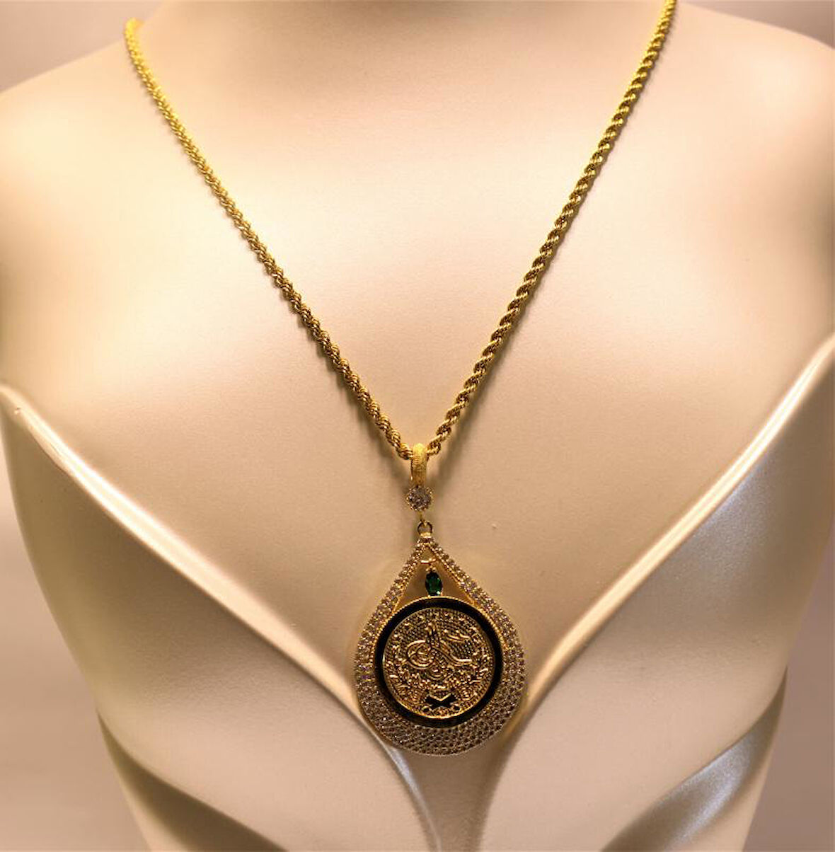 Altın Damla Tuğralı Kolye  Ucu ve Halat Zincir 3751