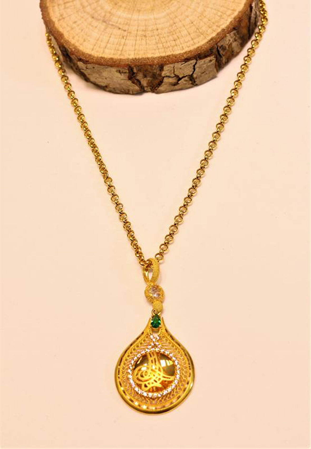 Altın Damla Tuğralı Kolye  Ucu ve Halat Zincir 3754