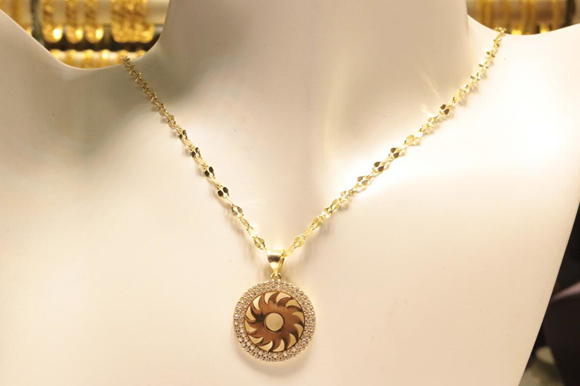 Altın Aynalı Zincrili Güneş Kolye Ucu