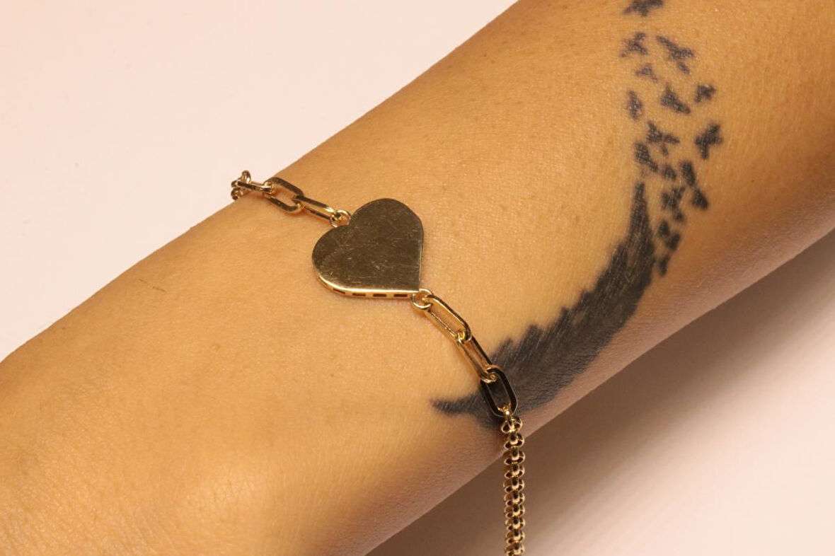 Altın Ataç Zincirli Kalp Bileklik