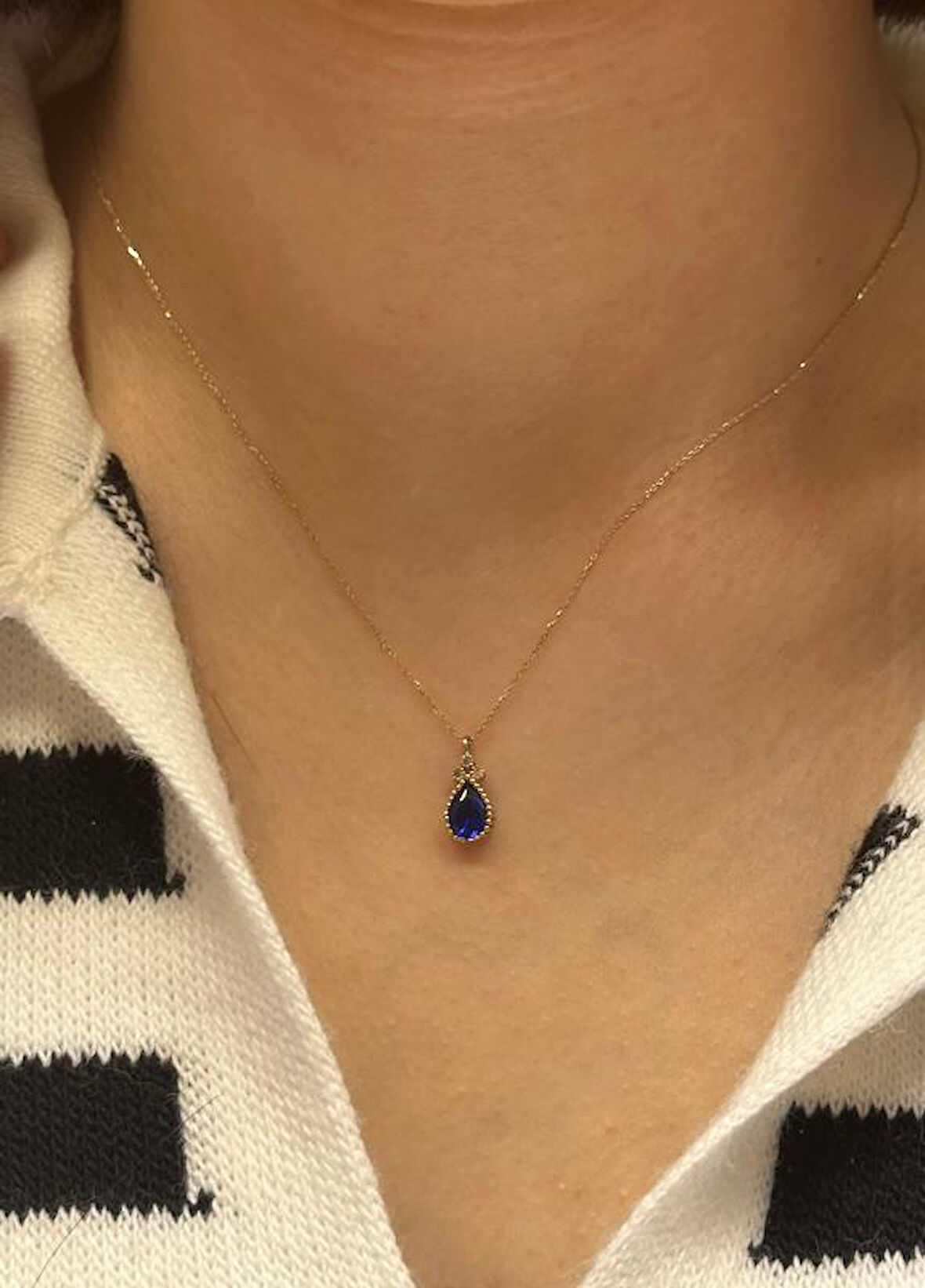 14 Ayar Altın Damla Taşlı Kolye Ucu ve Zinciri