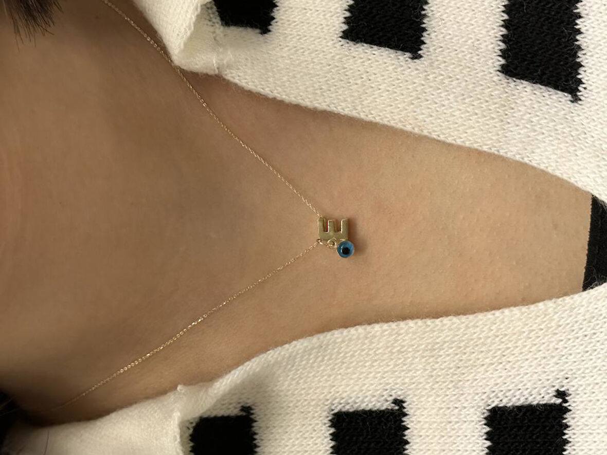 Altın Nazar Boncuklu E Harfli Zincir