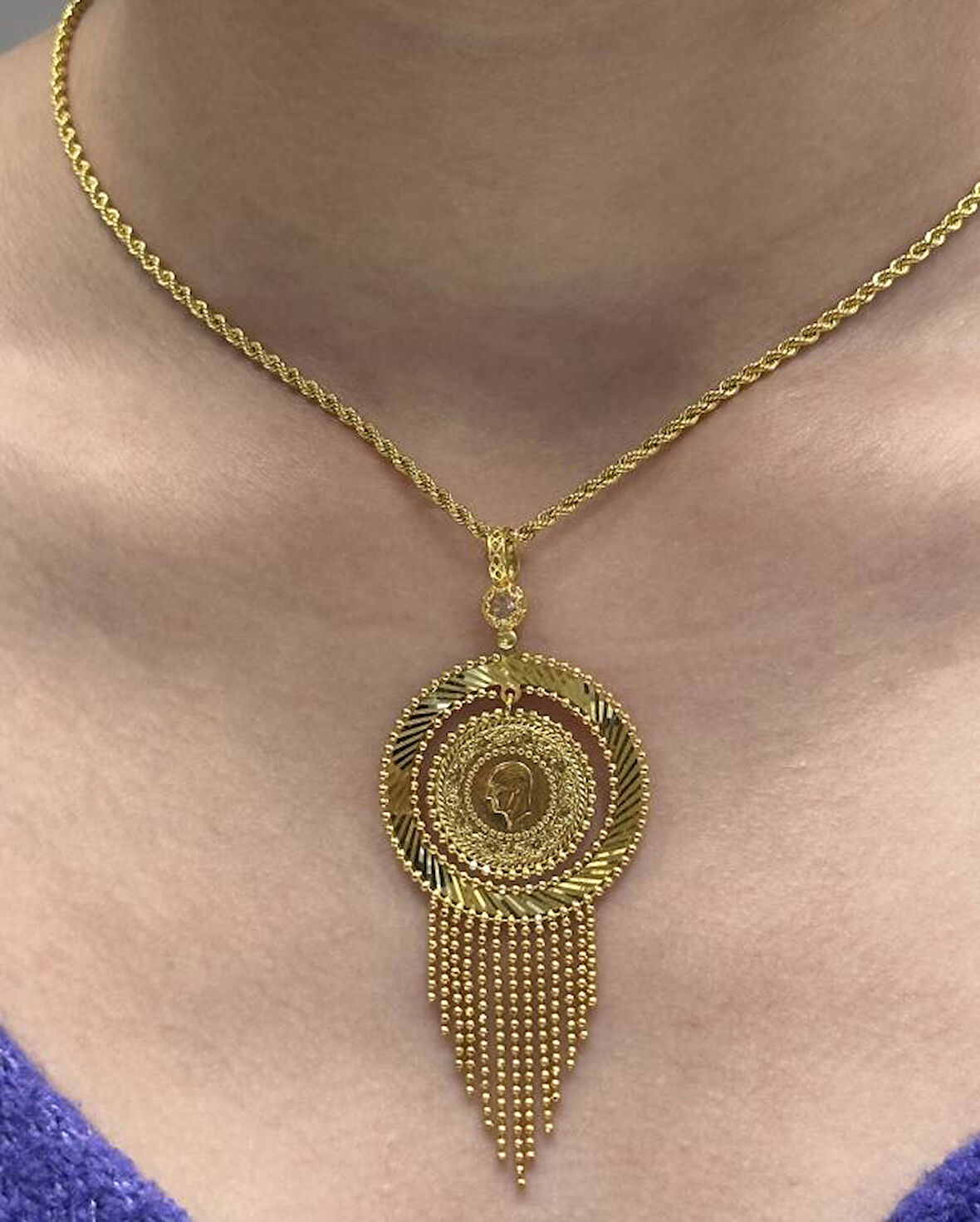  Altın Baskı Çeyrek Kolye Uçlu Halat Zincir 37009