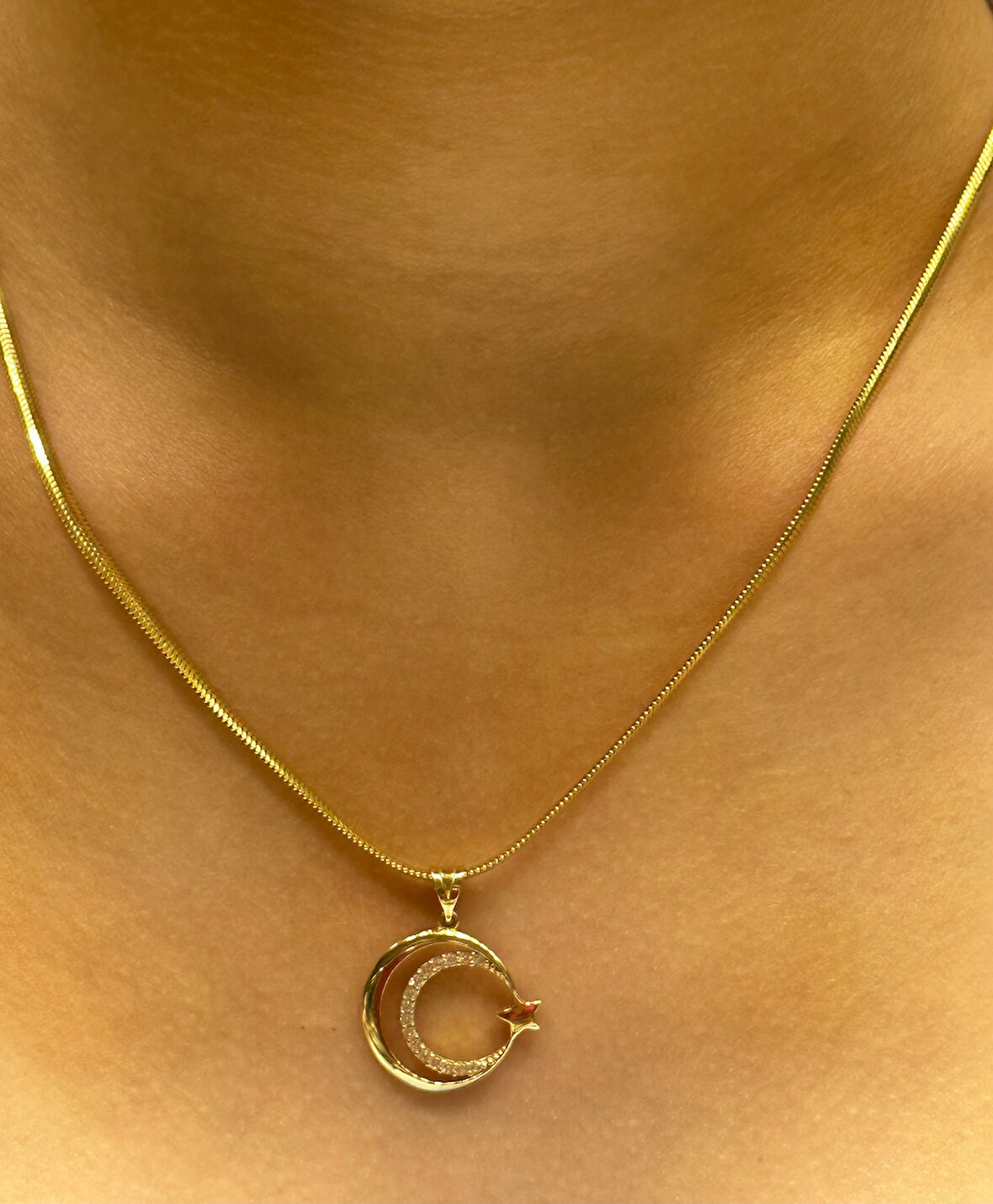  Altın Ay Yıldız Kolye Uçlu Balık Sırtı Zincir