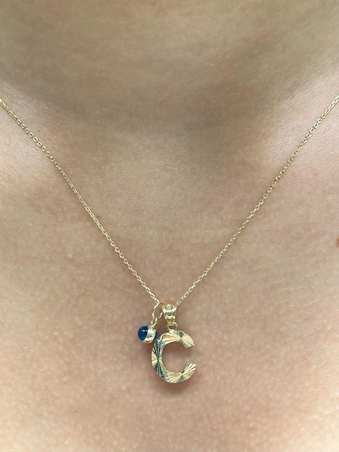  14 Ayar Altın Nazar Boncuklu C Harfli Zincir