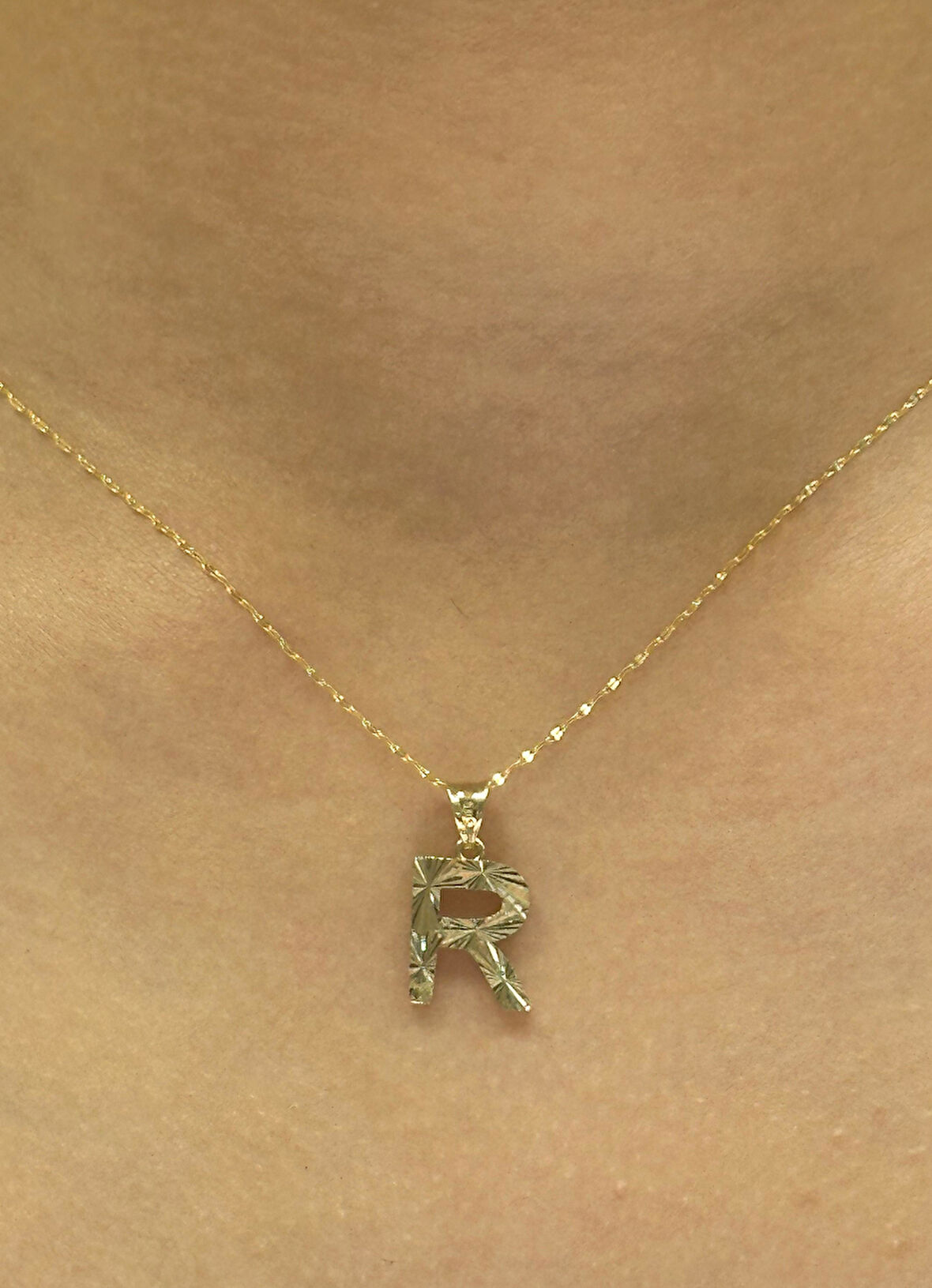 14 Ayar Altın R Harfli Aynalı Zincir