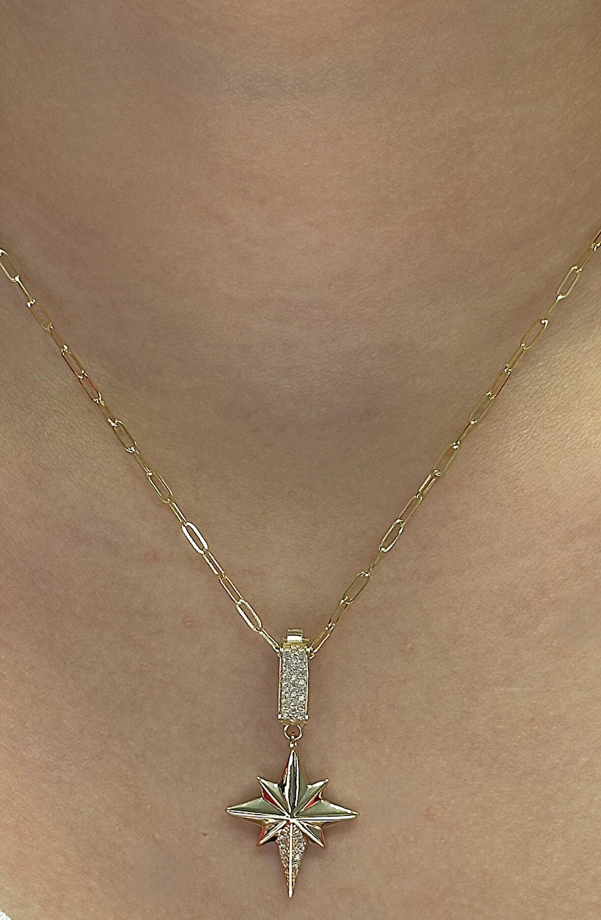  14 Ayar Altın Kutup Yıldızı Kolye Uçlu Ataç Zincir