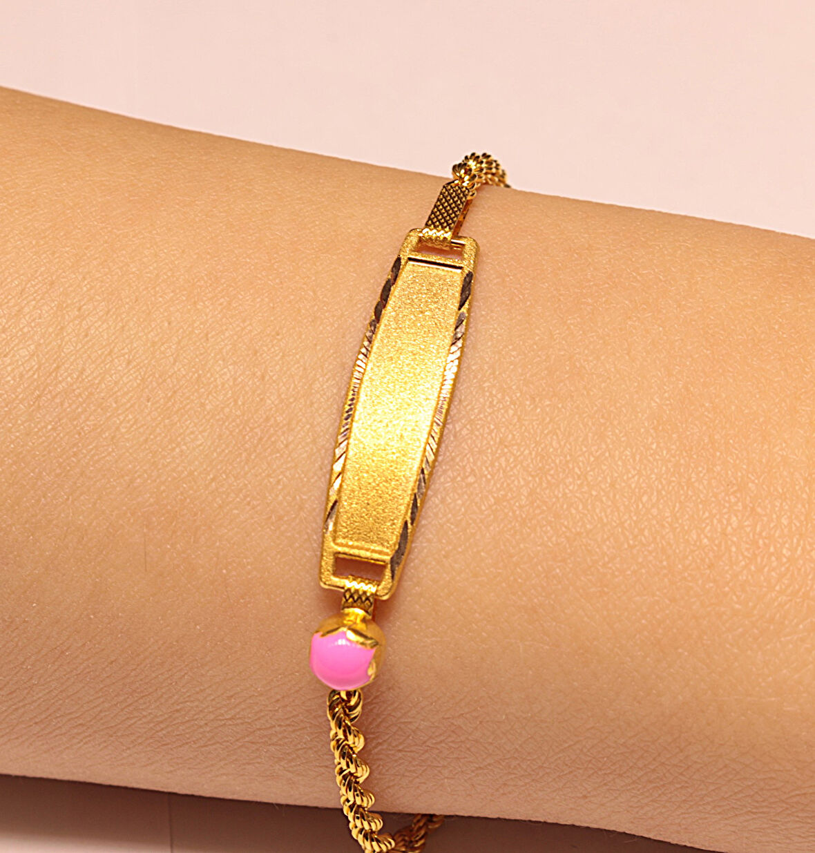  Altın Pembe Taşlı Halat Model Bebek Künyesi