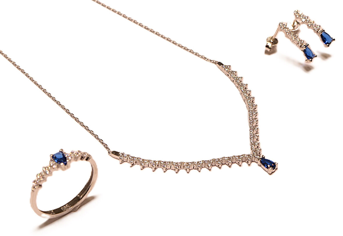  14 Ayar Altın Mavi Taşlı Damla Model Su Yolu Düğün-Nişan Seti