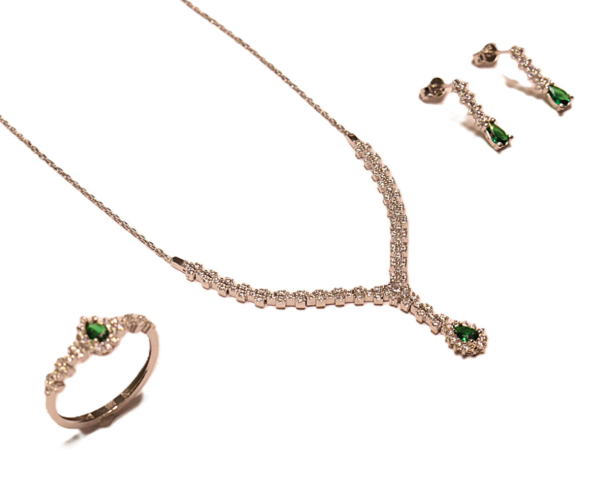  14 Ayar Altın Yeşil Taşlı Su Yolu Nişan-Düğün Seti