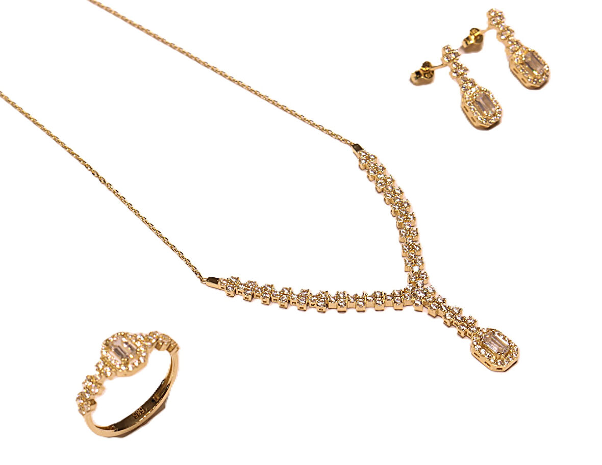  14 Ayar Altın Kare Baget Taşlı Su Yolu Nişan-Düğün Seti