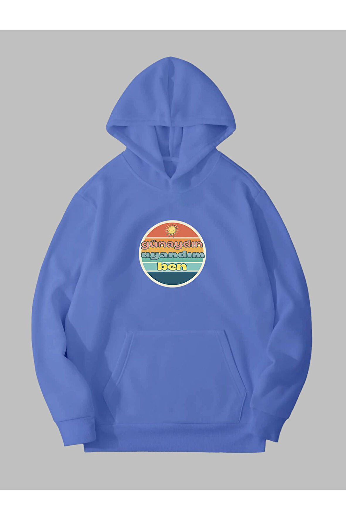 3 İplik Günaydın Baskılı Mavi Kanguru Cepli Kapüşonlu Sweatshirt Hoodie | S