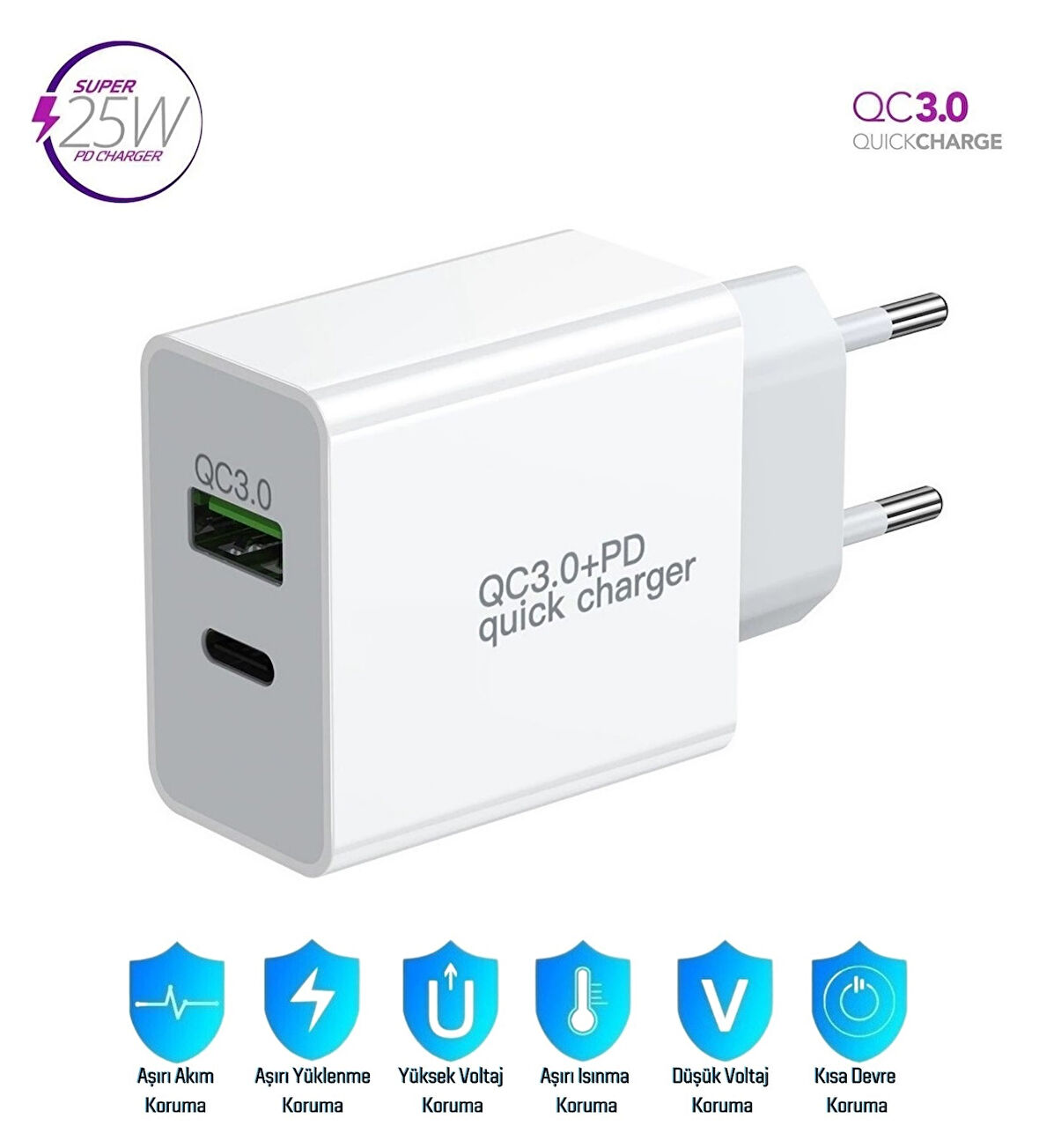 General Mobile GM 23 SE Uyumlu 25W Ultra Hızlı Çoklu Şarj Cihazı Adaptör Qualcomm3.0 + PD - İthalatçı Garantili