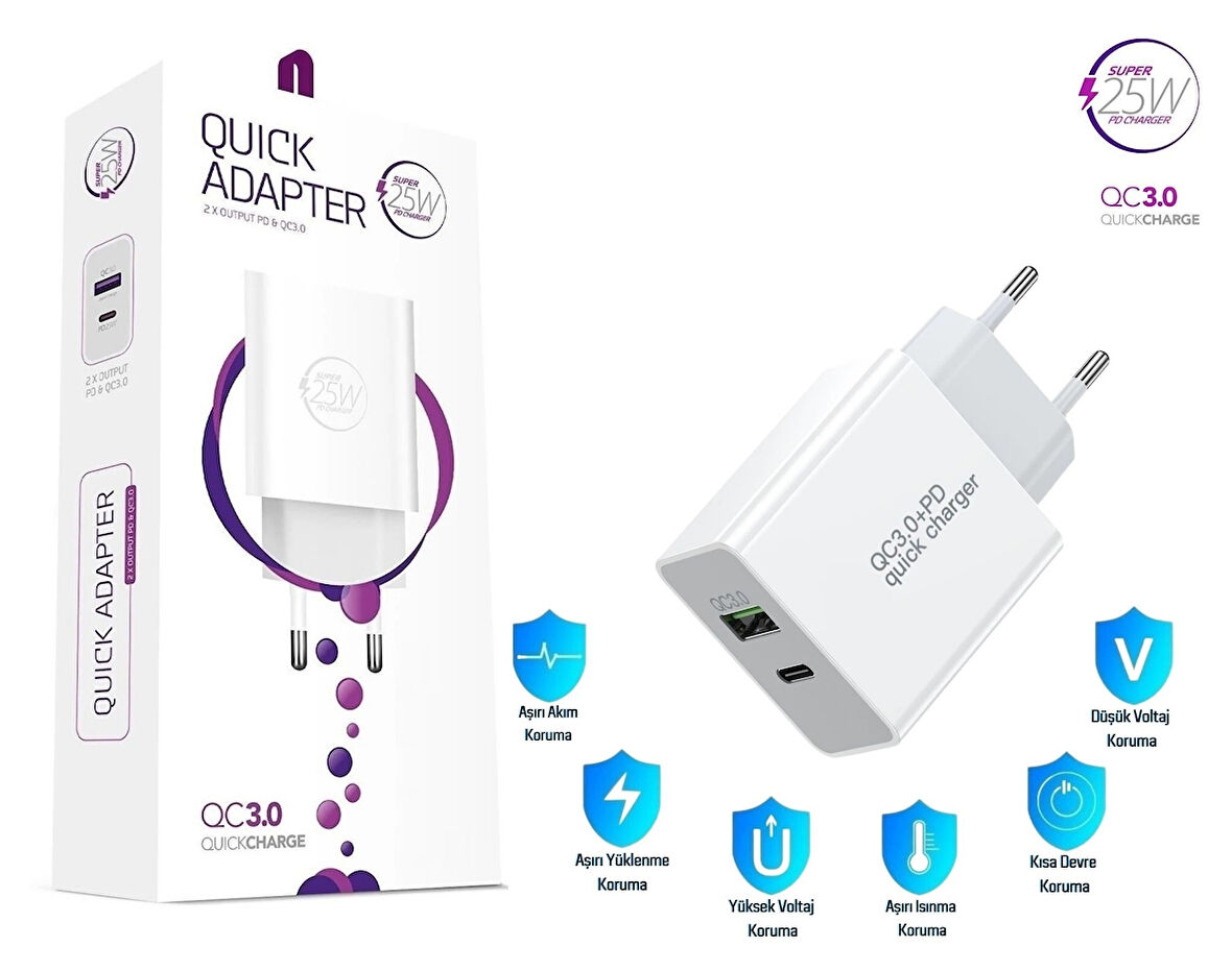 Oppo A55 Uyumlu 25W Ultra Hızlı Çoklu Şarj Cihazı Adaptör Qualcomm3.0 + PD - İthalatçı Garantili
