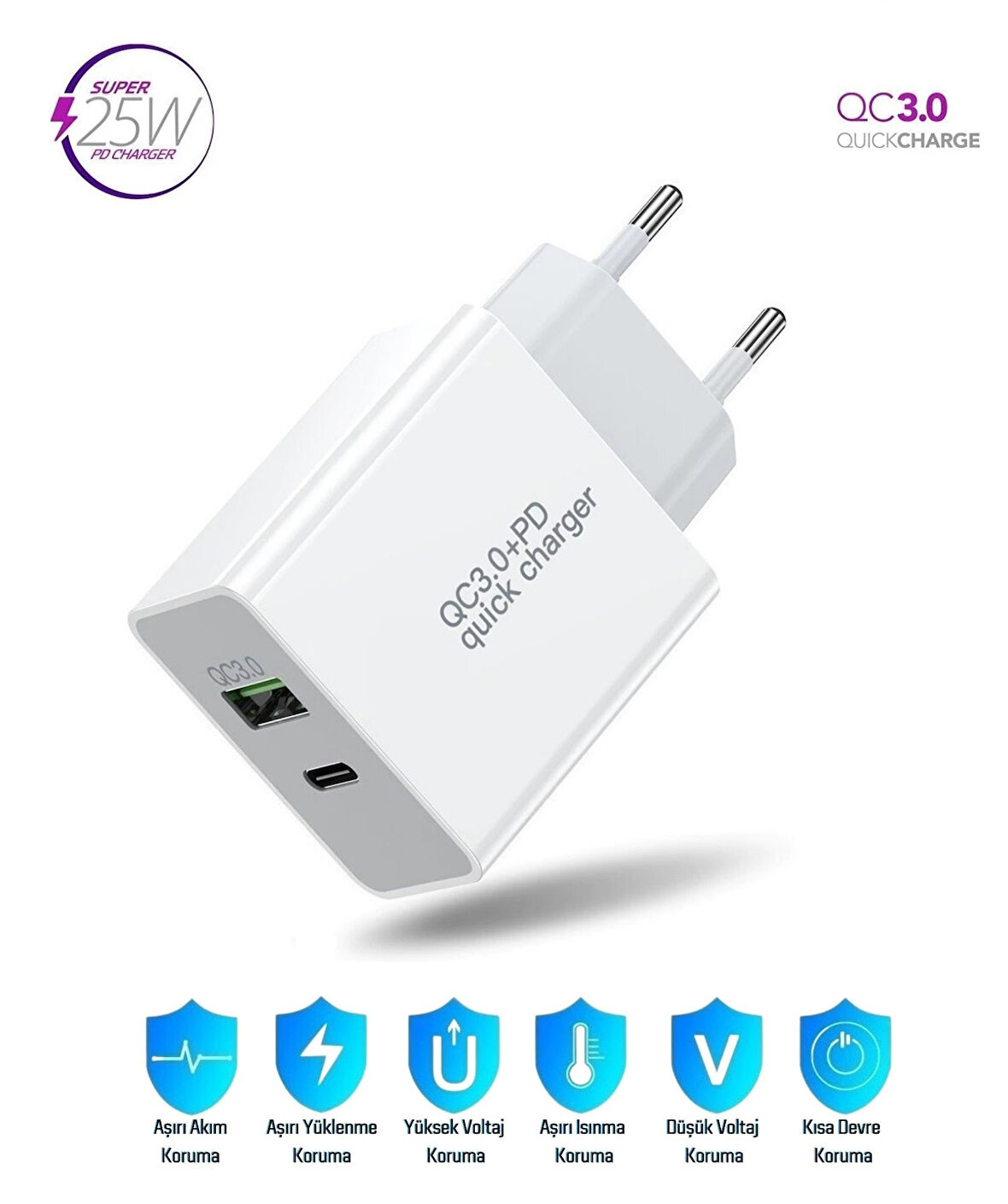Samsung Galaxy M23 5G Uyumlu 25W Ultra Hızlı Çoklu Şarj Cihazı Adaptör Qualcomm3.0 + PD - İthalatçı Garantili