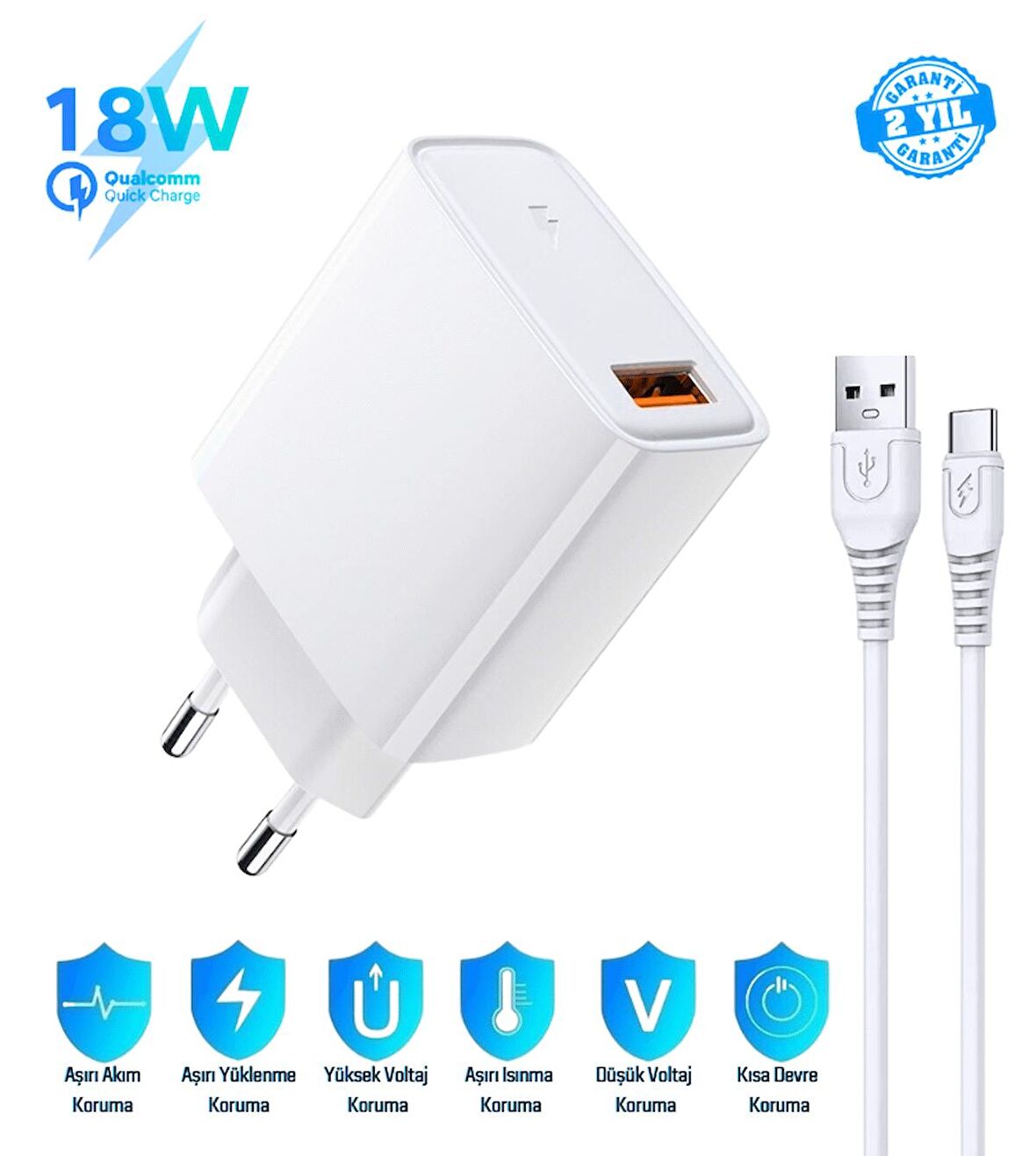 OnePlus 7T Pro Uyumlu 18W 3.4A Type-C Ultra Hızlı Şarj Cihazı / Şarj Aleti Seti (Adaptör+Kablo) 