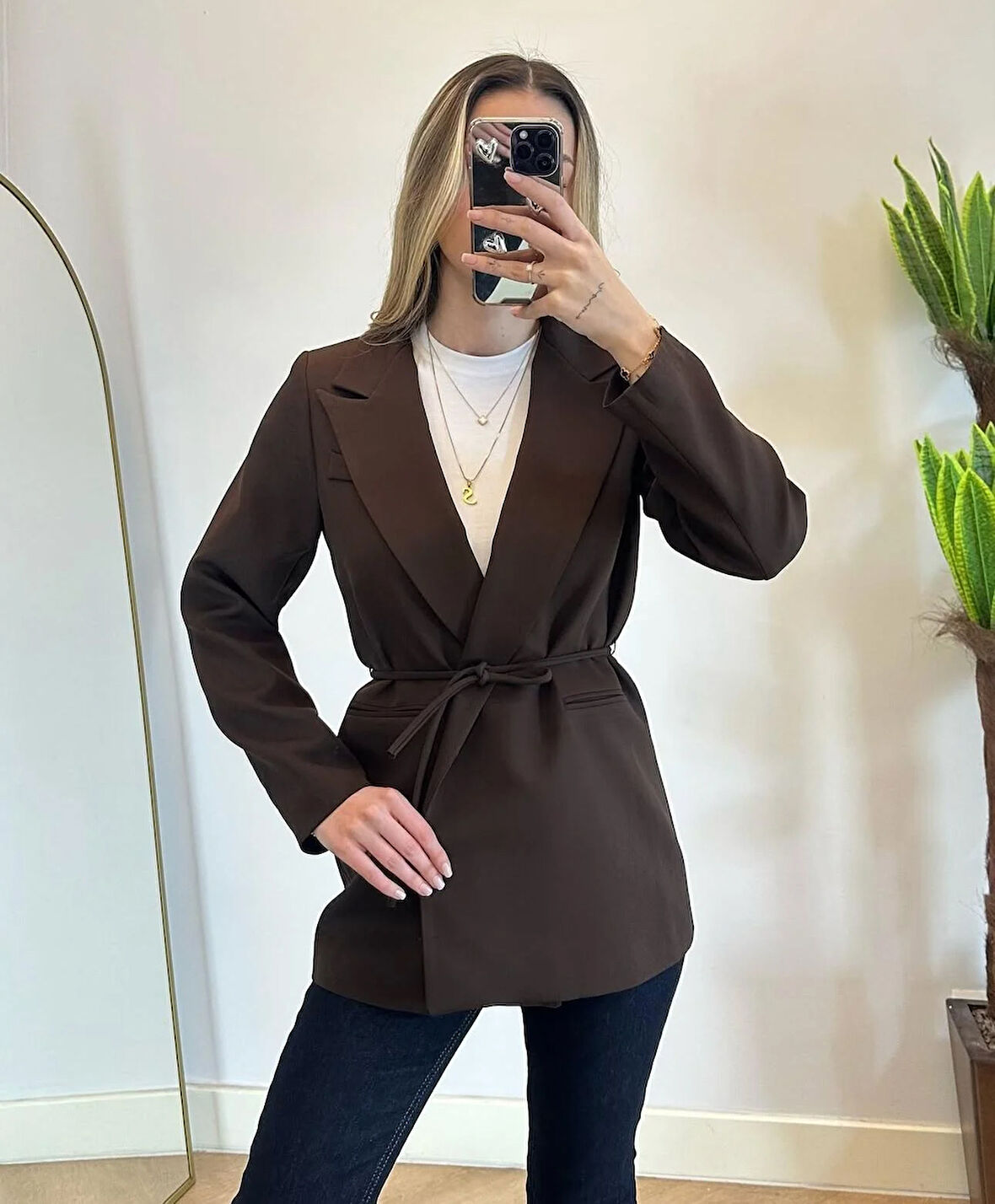 Kadın Kahverengi Bel Bağlamalı Blazer Ceket