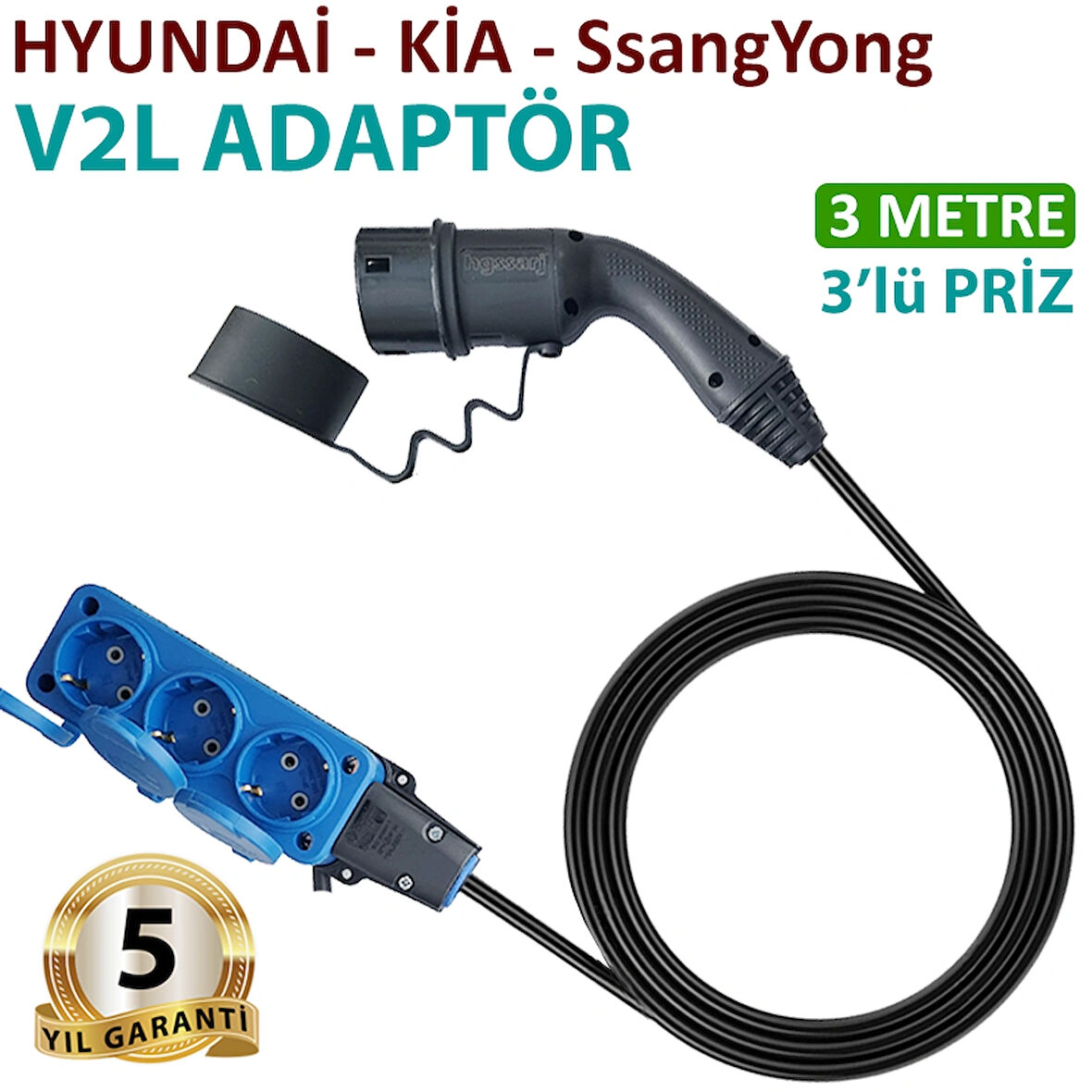 Hgsşarj Hyundai, Kia, Ssangyong, V2L  Adaptör 3'lü Priz, Elektrikli Aracınıza 220V Ev Tipi Priz İmkanı, Kampta-Seyahatte