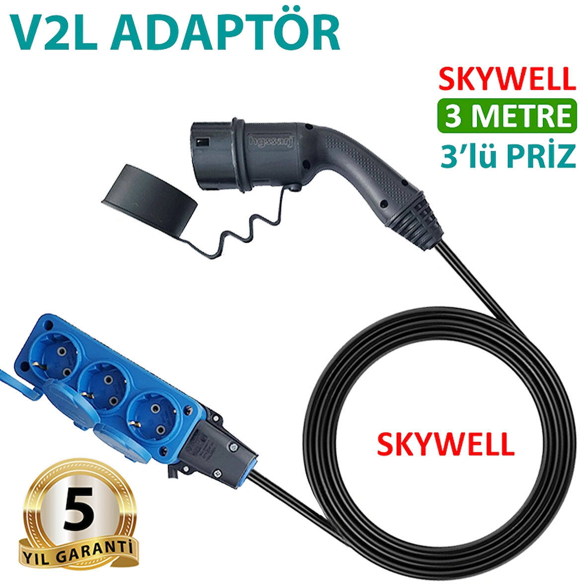 Hgsşarj Skywell V2L Adaptör 3'lü, Elektrikli Aracınıza 220V Ev Tipi Priz, Kampta - Seyahatte