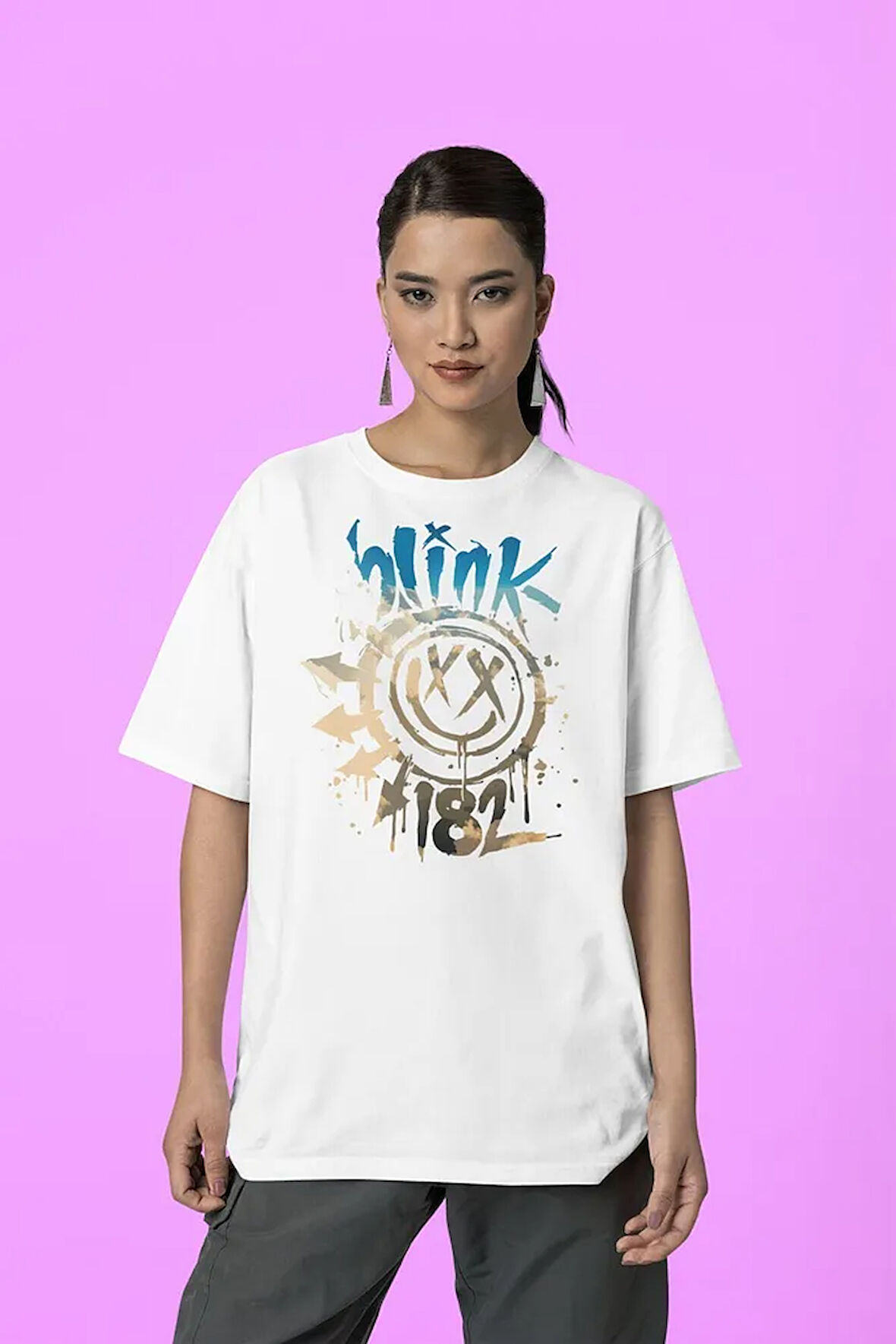 Blink 182 Gülen Yüz Baskılı Unisex Oversize Tişört