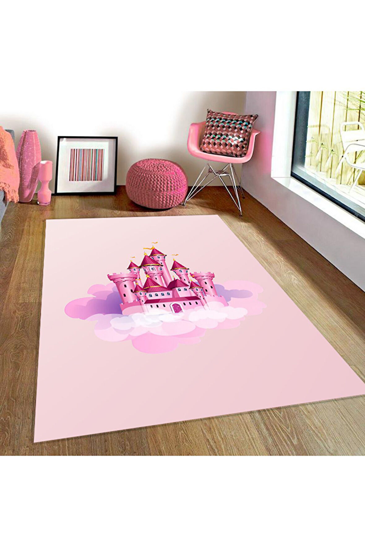 Pembe Pvc Deri Kaymaz Taban Şato Kız Çocuk Saçaksız Halı H7203