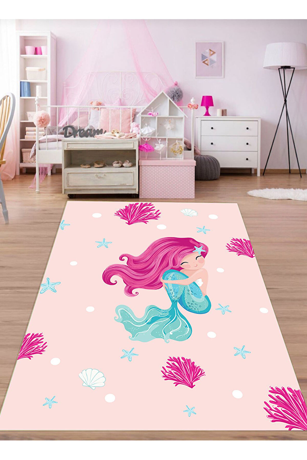 Pembe Pvc Deri Kaymaz Taban Deniz Kızı Çocuk Saçaksız Halı H7205