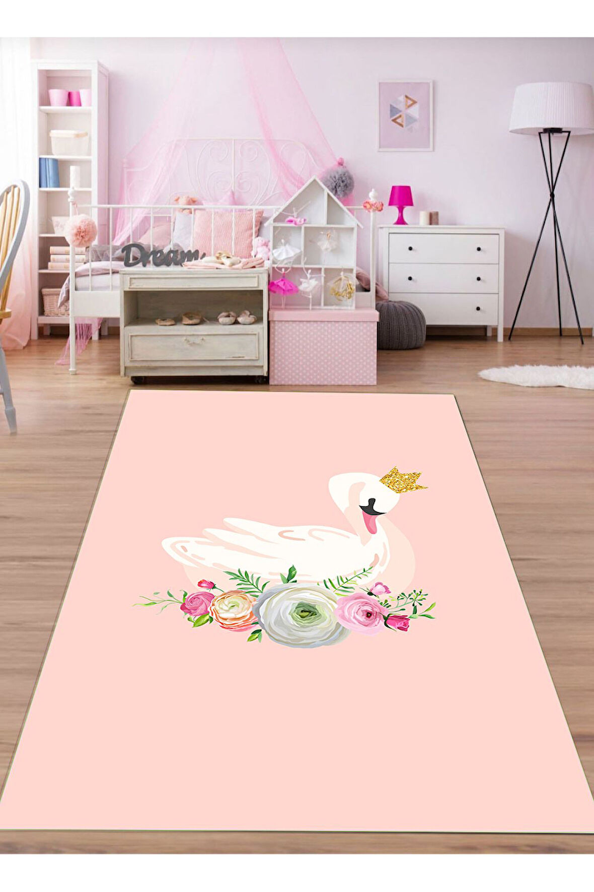 Pembe Pvc Deri Kaymaz Taban Taçlı Kuğu Kız Çocuk Saçaksız Halı H7206