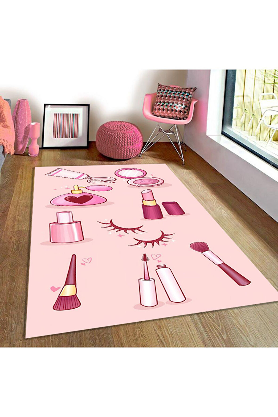 Pembe Pvc Deri Kaymaz Taban Kozmetik Ürün Kız Çocuk Saçaksız Halı H7214