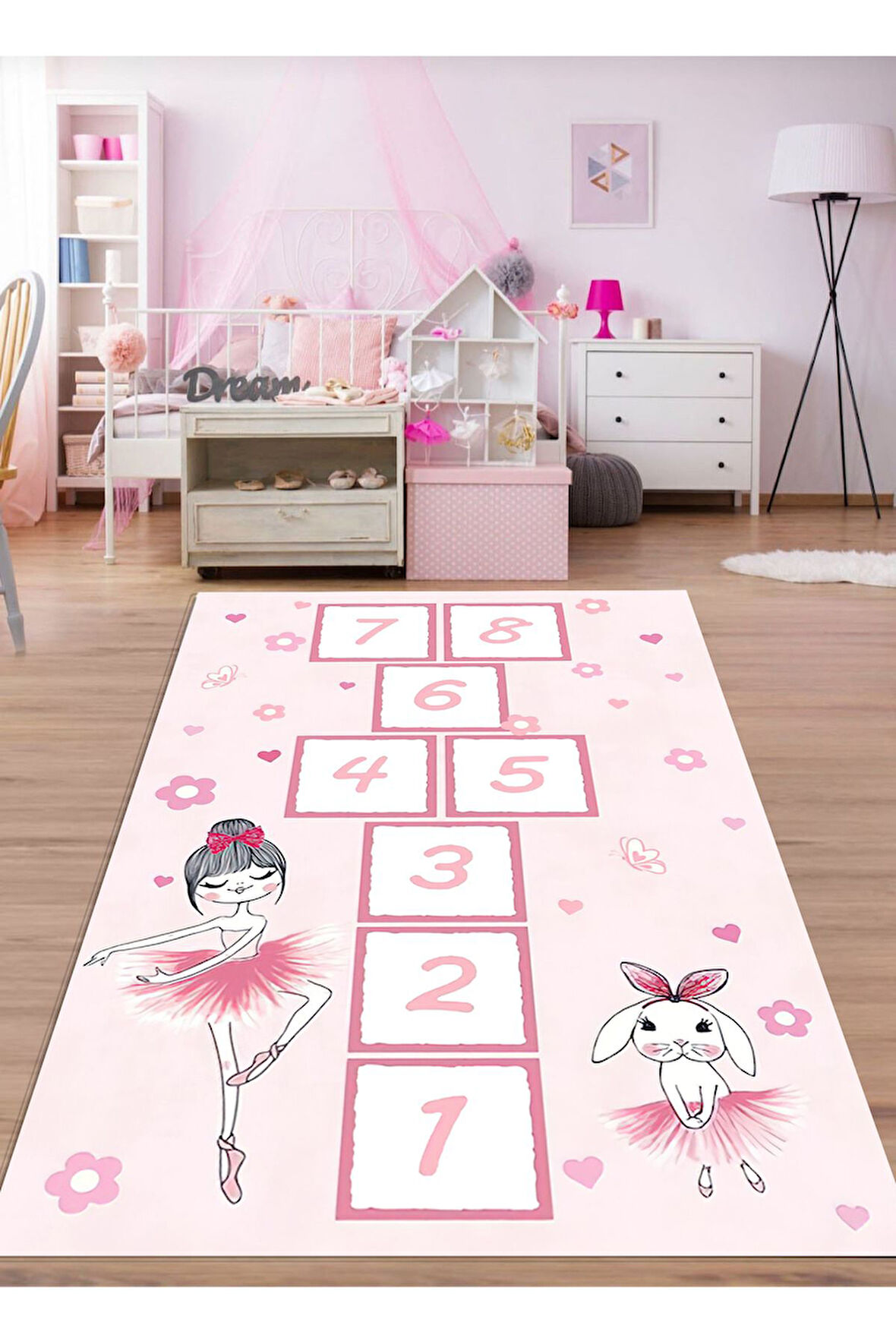 Pembe Pvc Deri Kaymaz Taban Seksek, Tavşan ve Bale Kız Çocuk Saçaksız Halı H7215