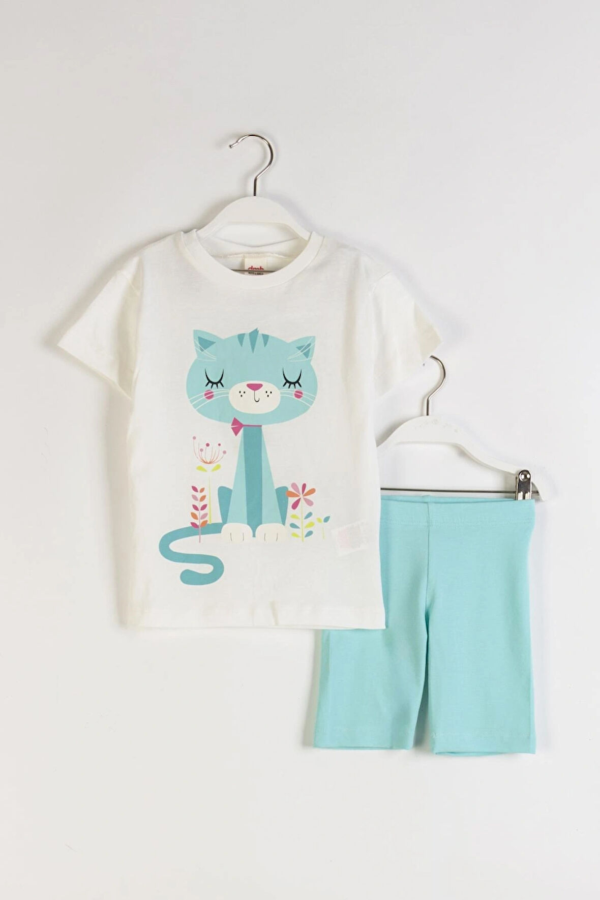 Orman Kedi Baskılı Kısa Taytlı Kız Çocuk Takım - MAVİ