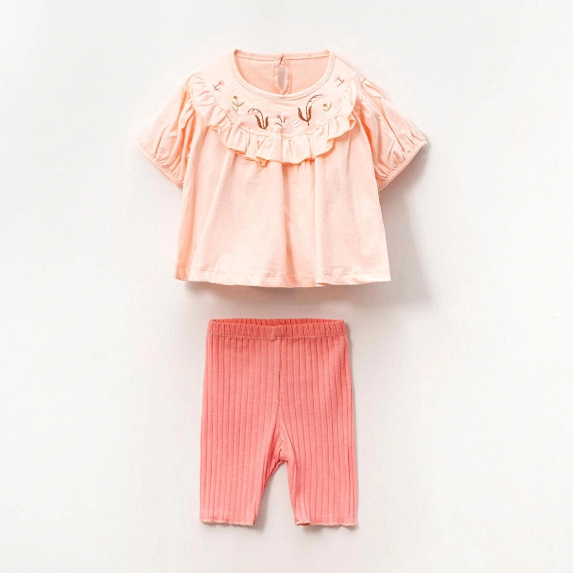 Pudra Çiçekli Yazlık Kız Bebek Takımı