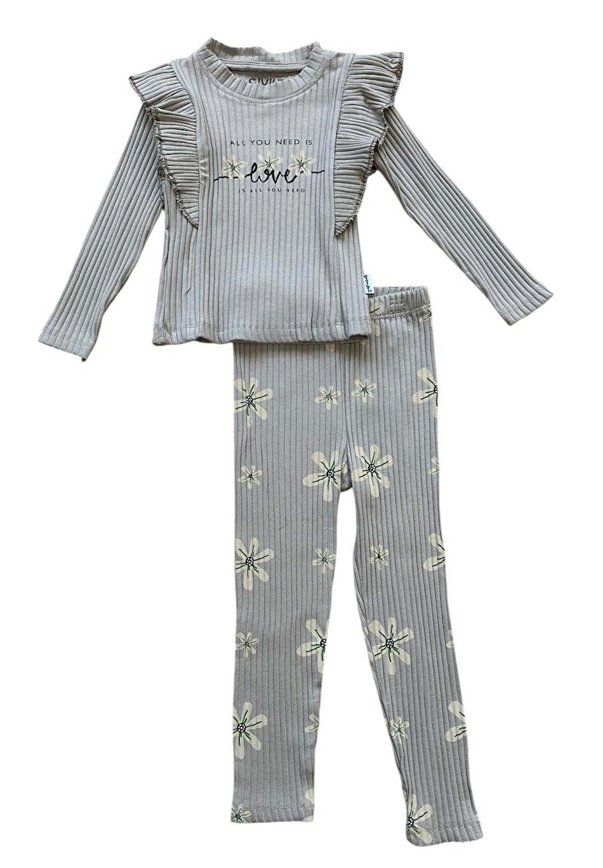 Love Çiçekli Vizon Fitilli Uzun Kollu Kız Çocuk Takımı