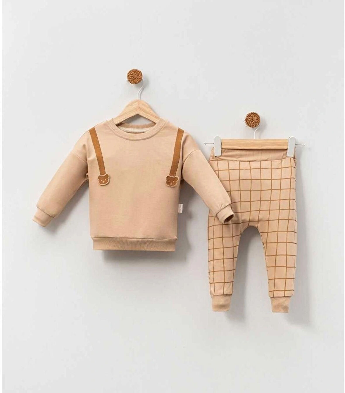 Ayıcık Nakışlı Erkek Bebek Bej İkili Takım