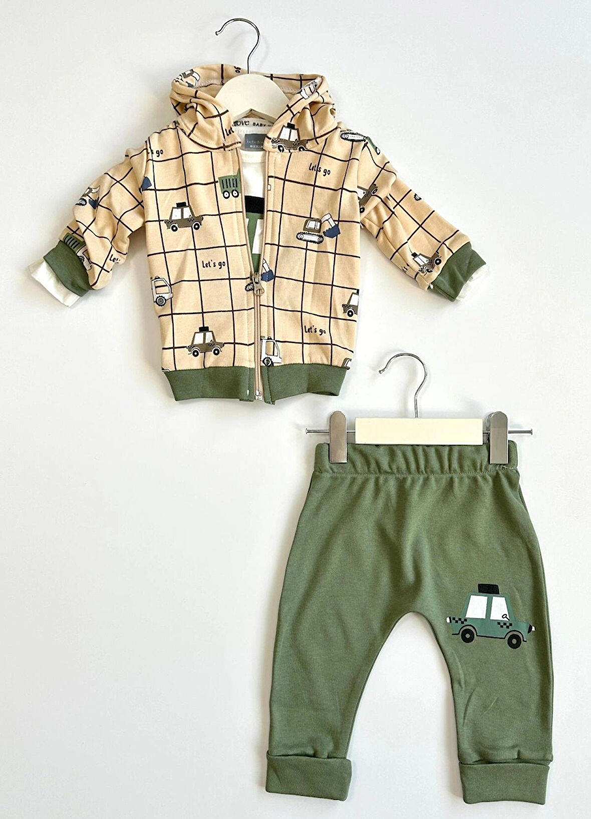 Erkek Bebek 3'lü Araba Desenli Yeşil Takım