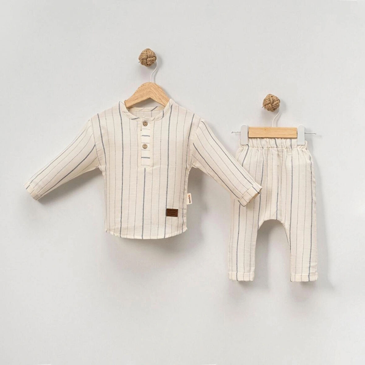 Lacivert Çizgi Erkek Bebek Müslin İkili Takım