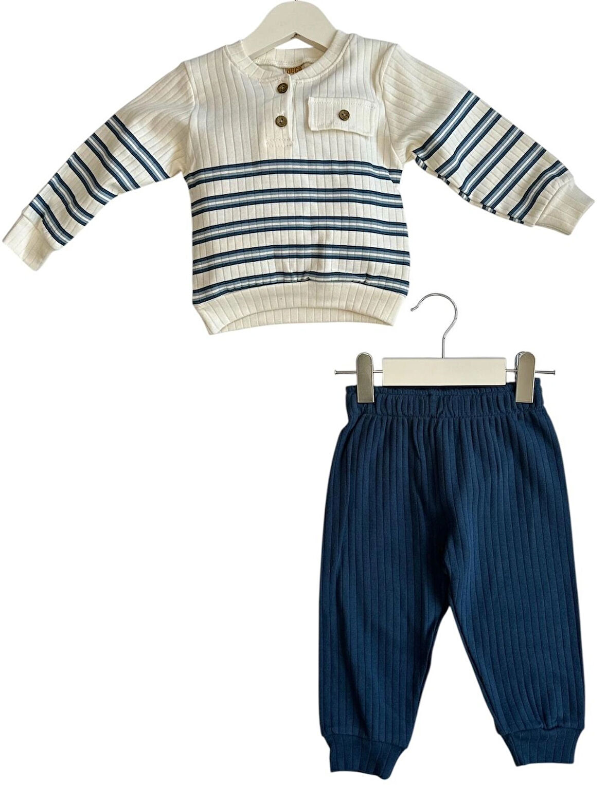 Çizgili Lacivert Erkek Bebek İkili Pamuklu Takım